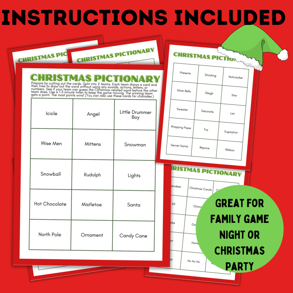 Free Christmas Pictionary Printable Word List Cards For Kids - Paper ...