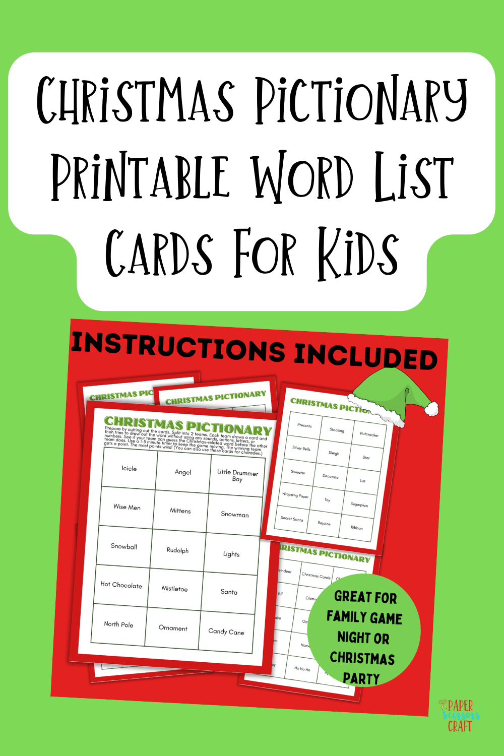 Free Christmas Pictionary Printable Word List Cards For Kids - Paper 