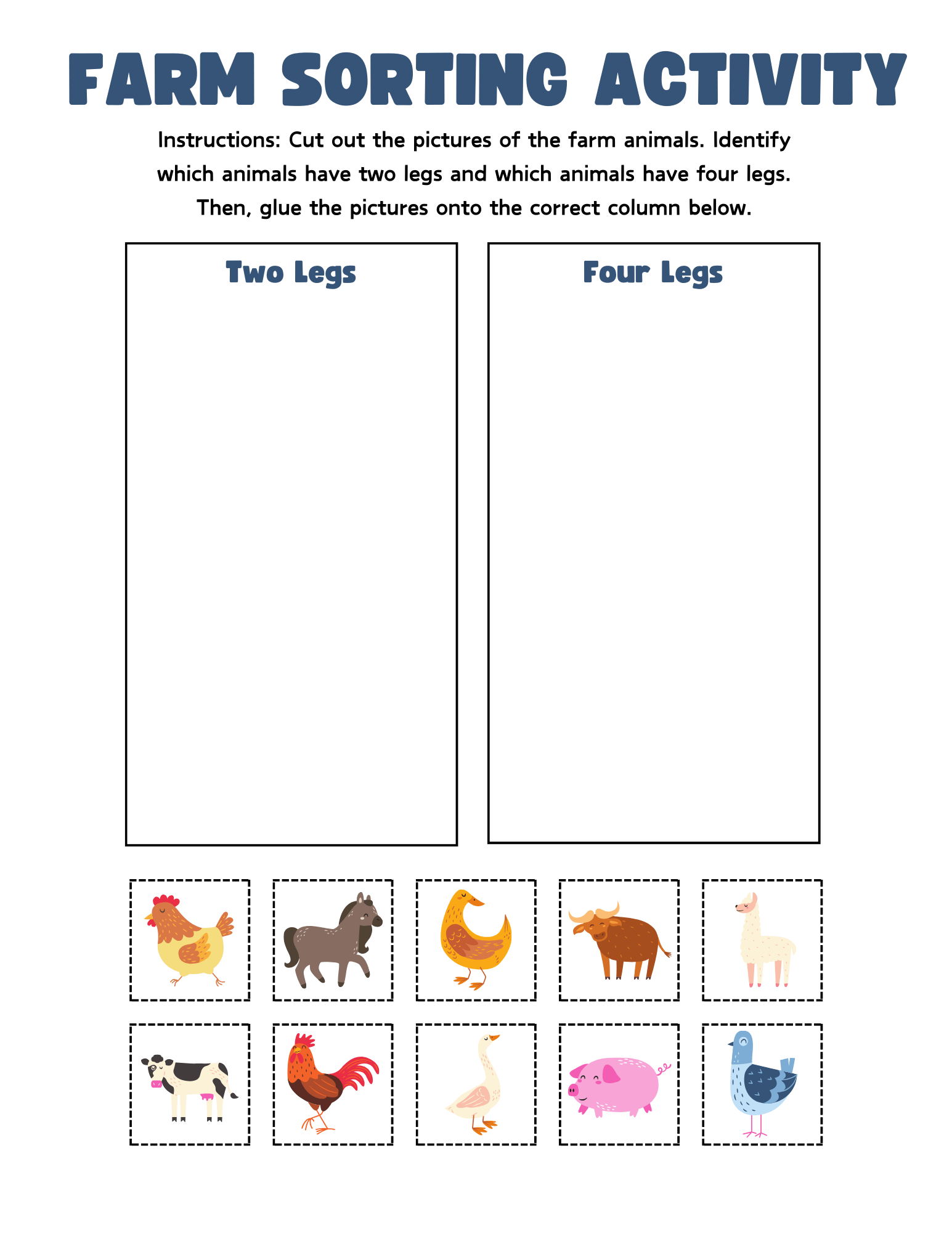 Farm animal sorting activity worksheet.