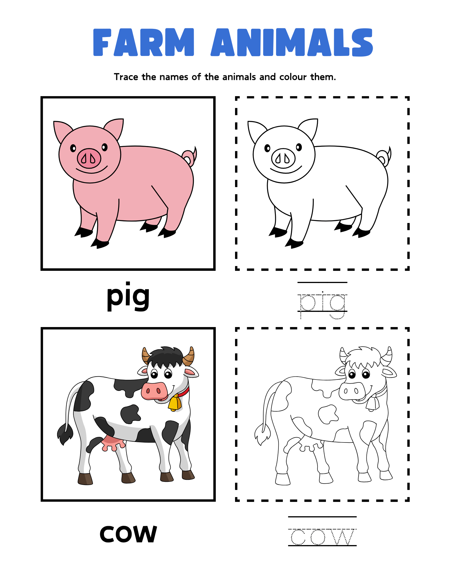 Farm animals tracing worksheet.