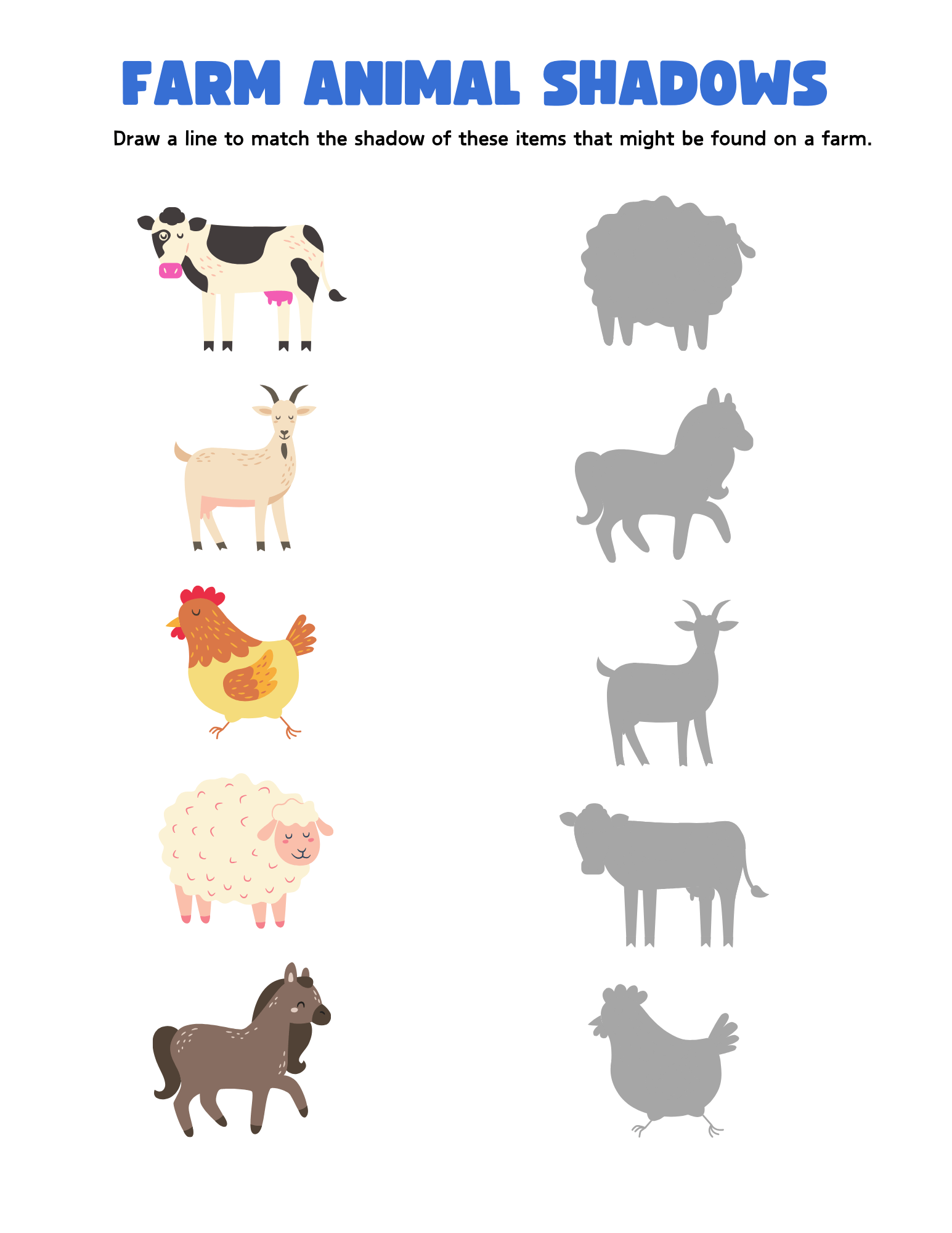 Farm animal shadows matching worksheet.