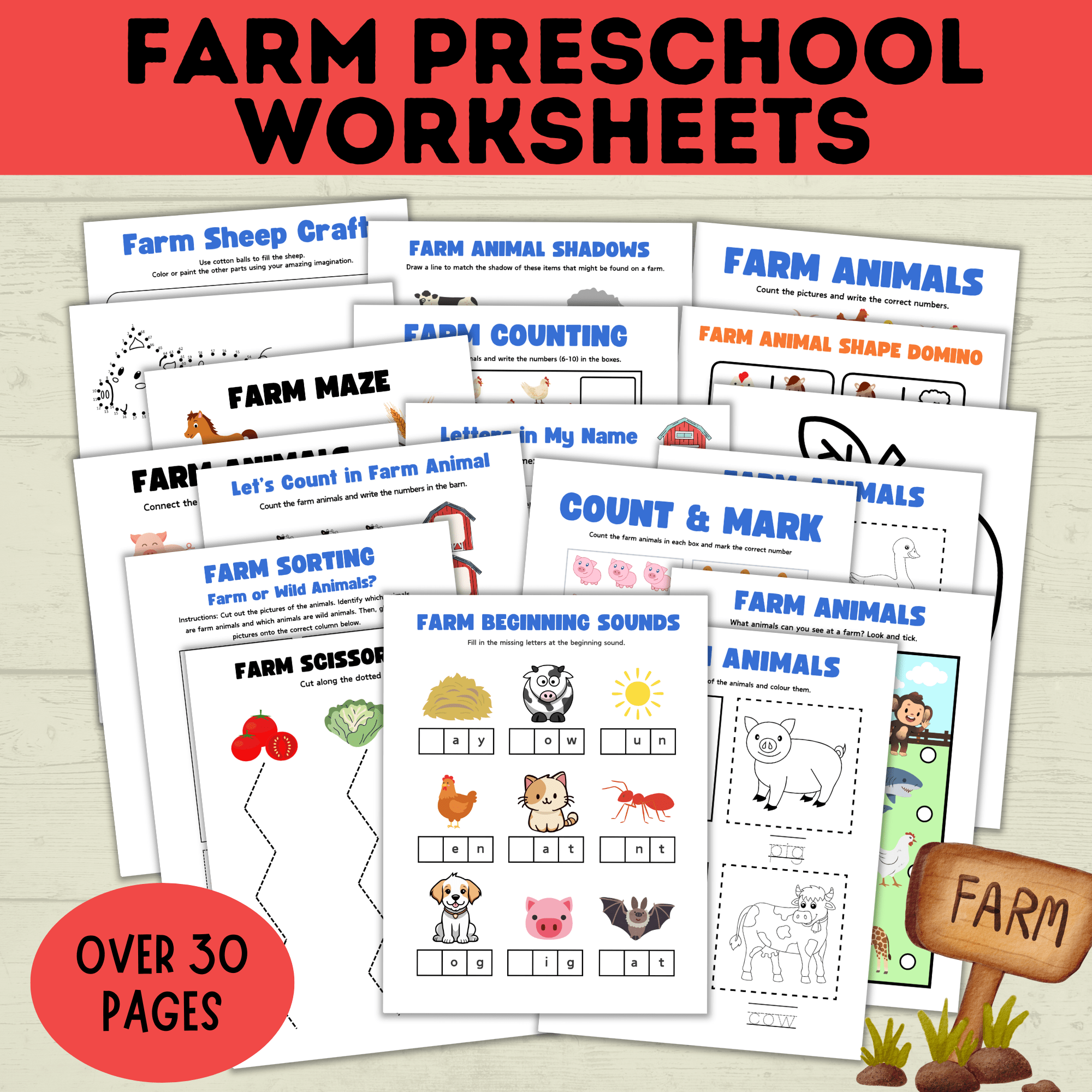 Farm preschool worksheets mockup.