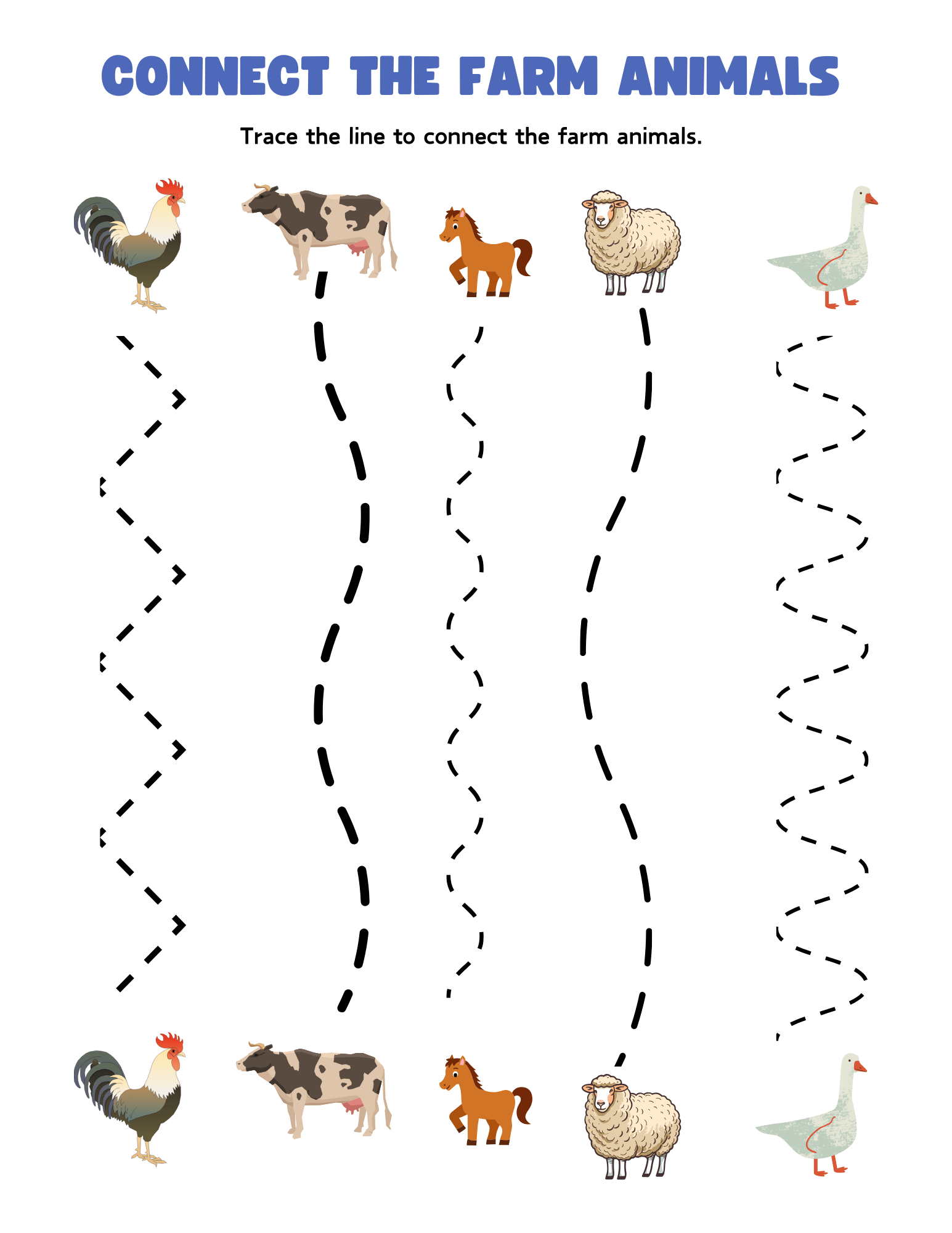 Connect the farm animals line tracing worksheet.