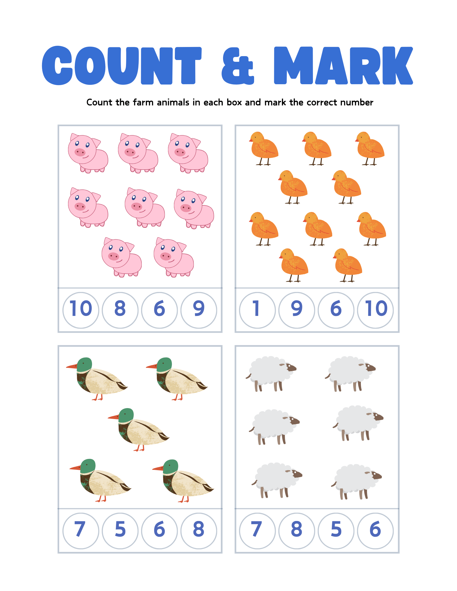 Count and mark farm animal worksheet.