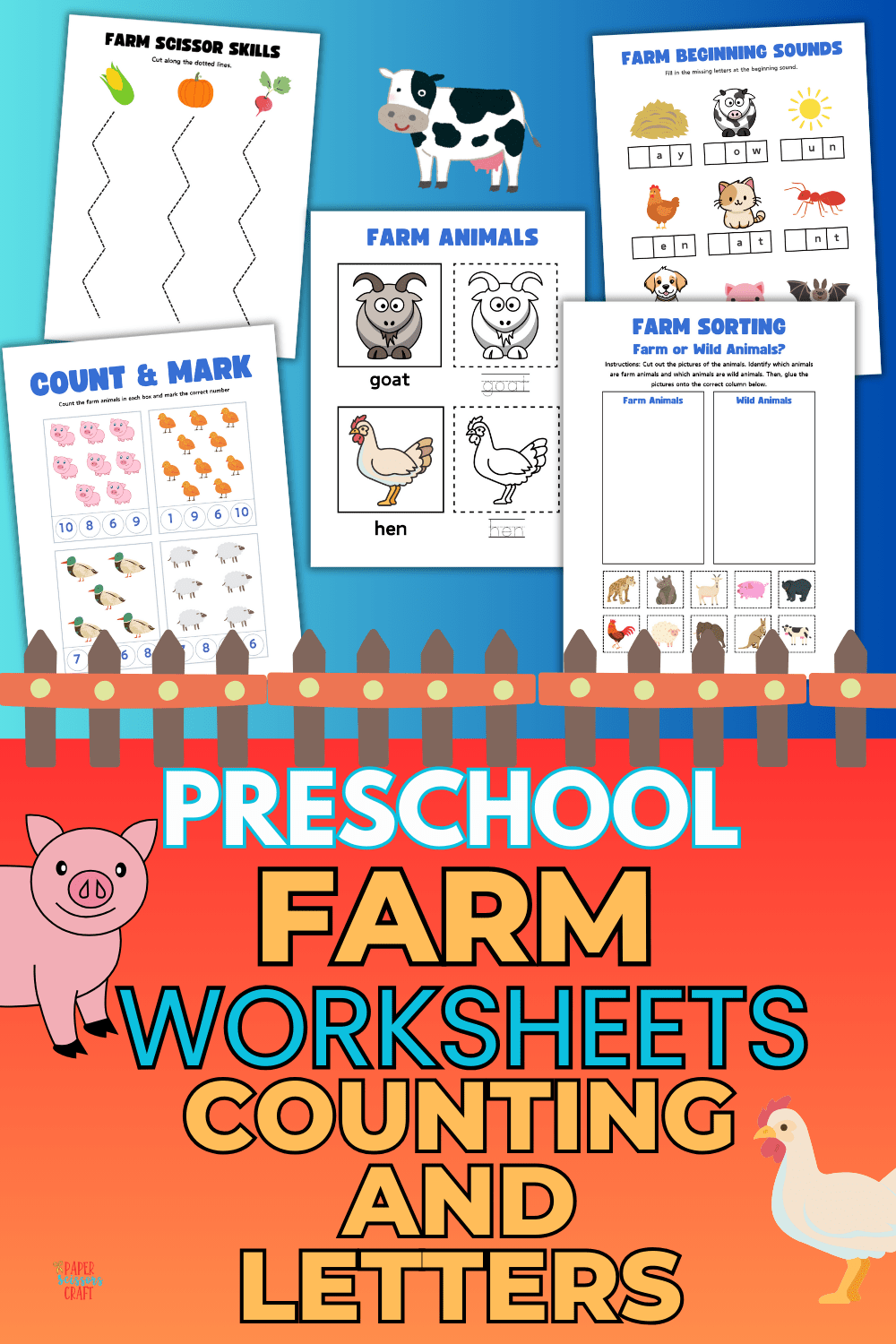 Preschool farm worksheets counting and letters Pinterest pin.