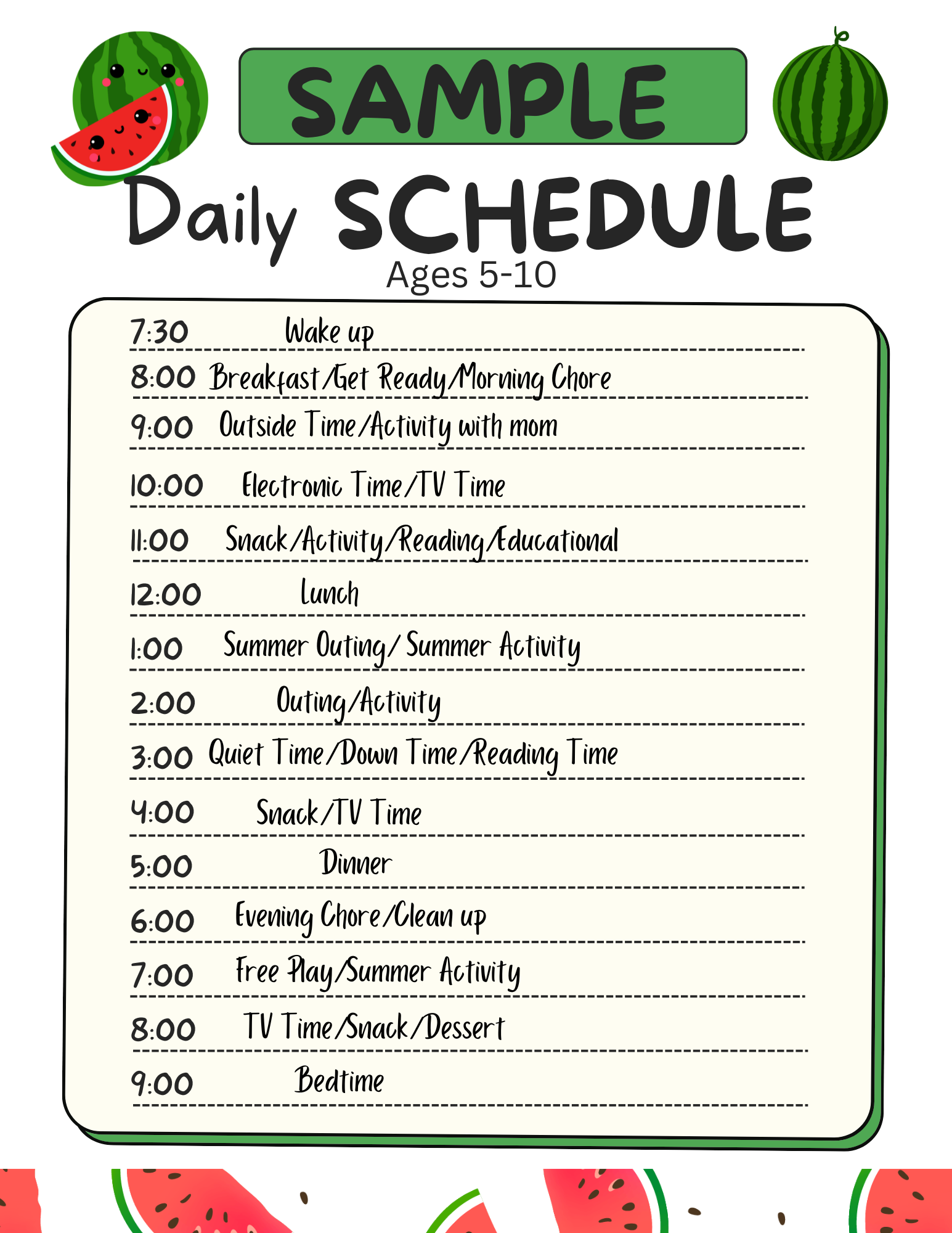 Sample daily schedule for kids ages 5-10.