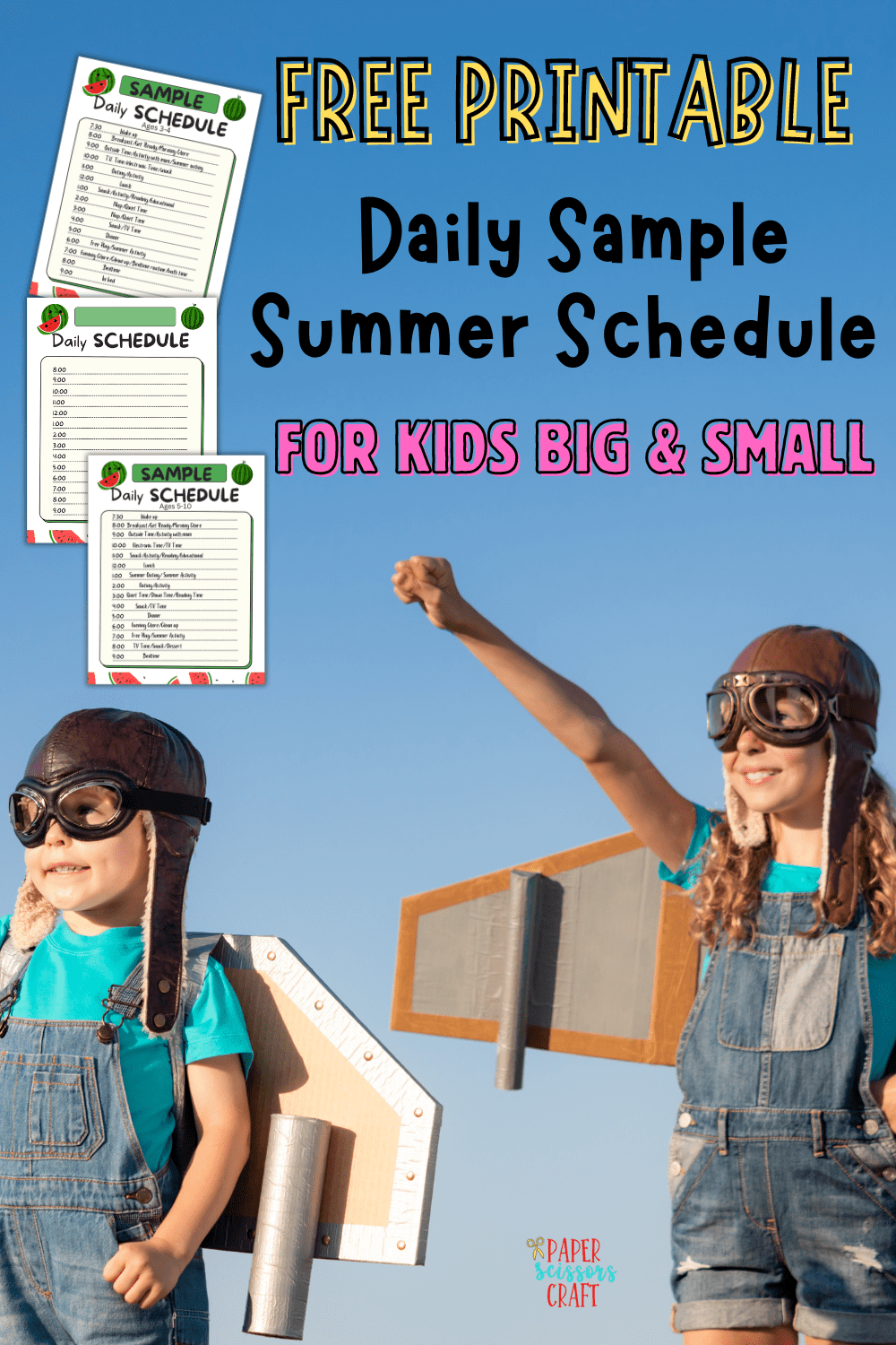 Free printable daily sample summer schedule for kids big & small Pinterest pin.