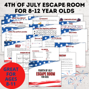 4th of July escape room for 8-12 year-olds printable mockup image.