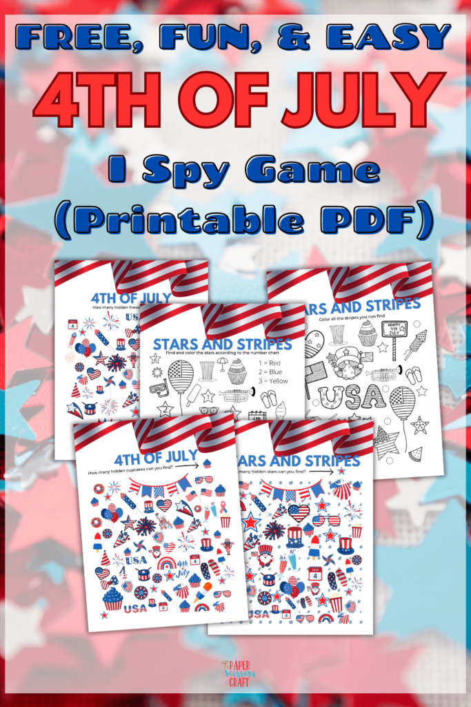 Free, fun, and easy 4th of July I spy game printable pdf Pinterest pin.