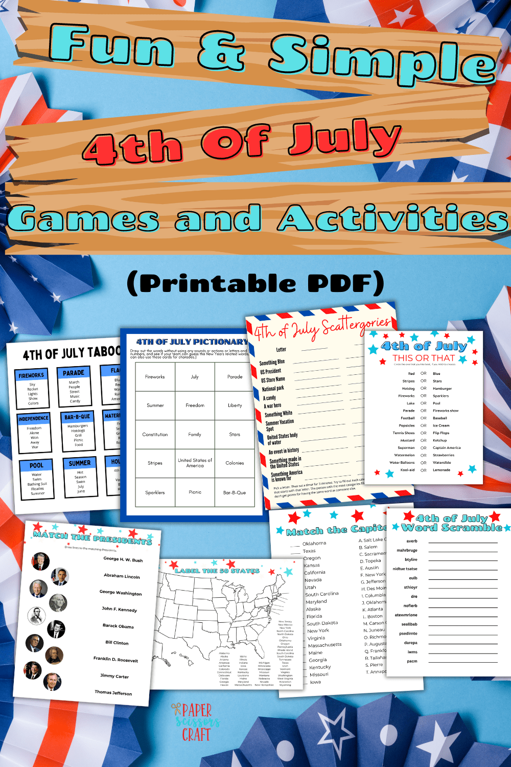 Fun and simple 4th of July games and activities printable pdf Pinterest pin.