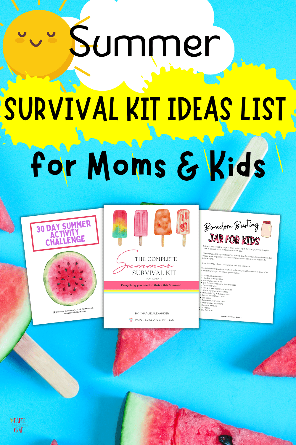 Summer survival kit ideas list for moms and kids Pinterest pin.