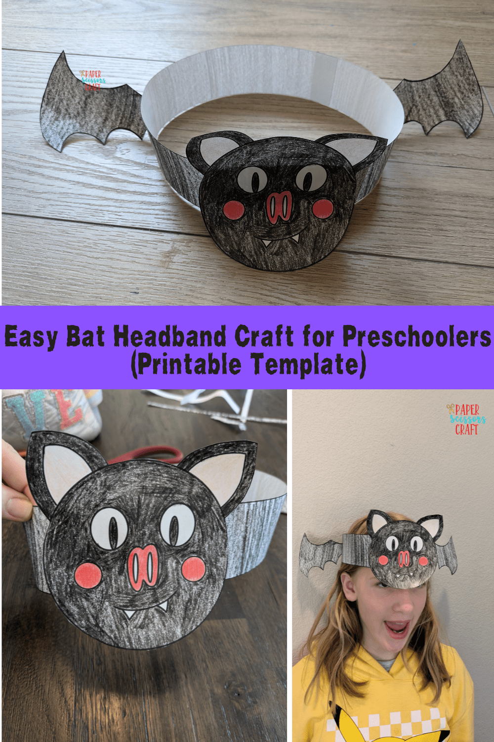 Easy bat headband craft for preschoolers Pinterest pin.