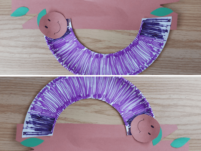 Finished version of the caterpillar paper plate craft.