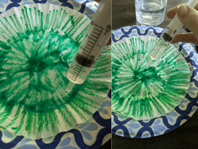 Adding water through a dropper onto a coffee filter that is colored in green marker.