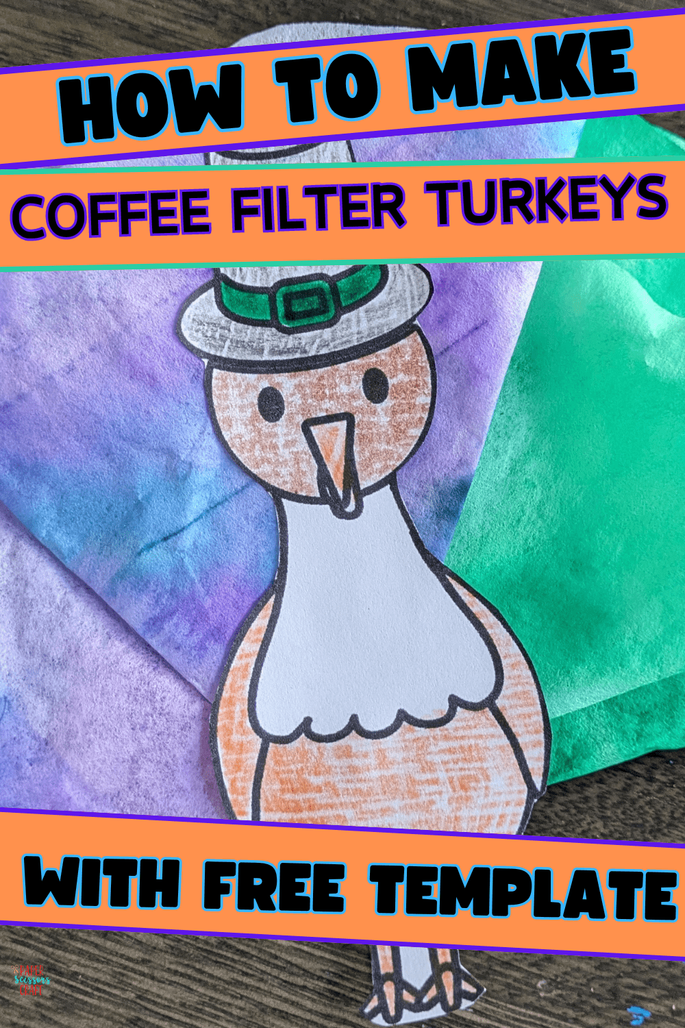 How to make coffee filter turkeys with free template Pinterest pin.