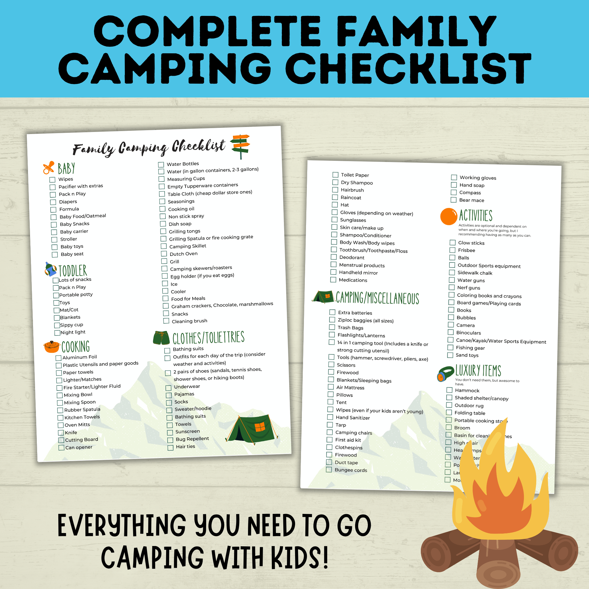 Complete family camping checklist mockup.