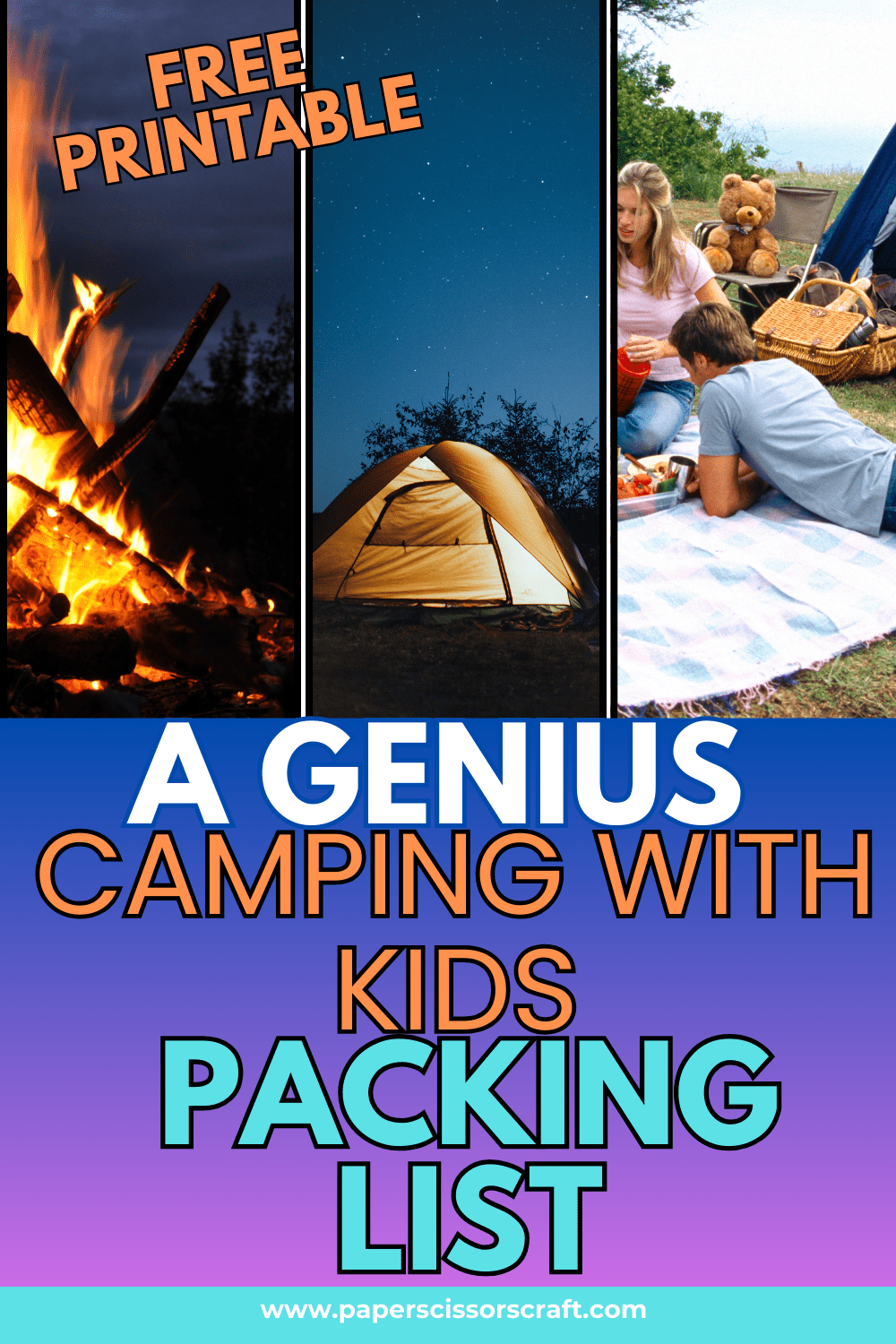 A genius camping with kids packing list free printable Pinterest pin.