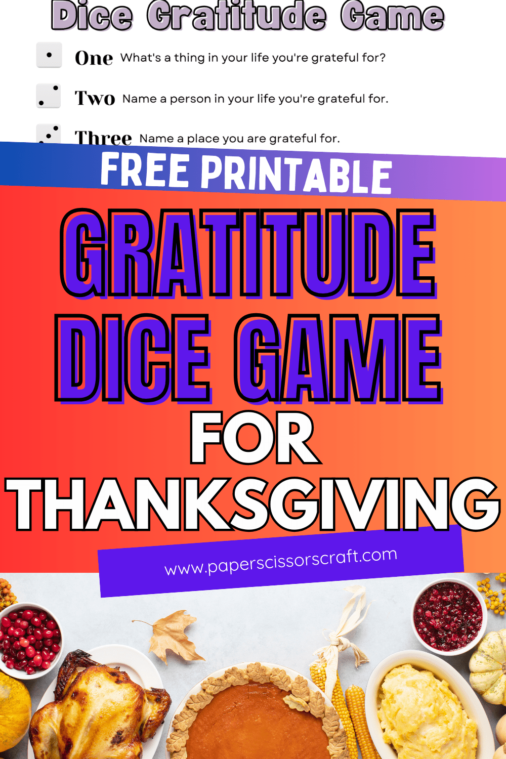 Free printable gratitude dice game for Thanksgiving Pinterest pin.