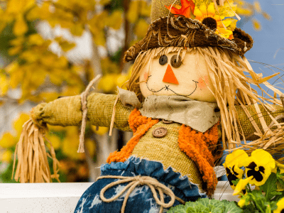 Scarecrow on display outside.