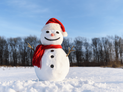 Snowman with a red hat and scarf.