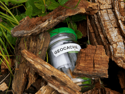 Geocache jar hidden under grass and tree bark.