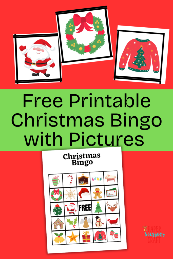 Free printable Christmas Bingo with pictures Pinterest pin.