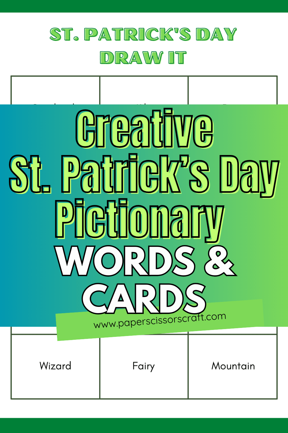 St. Patrick's Day Pictionary words and cards Pinterest pin.