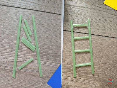 Ladder made out of green plastic straws.