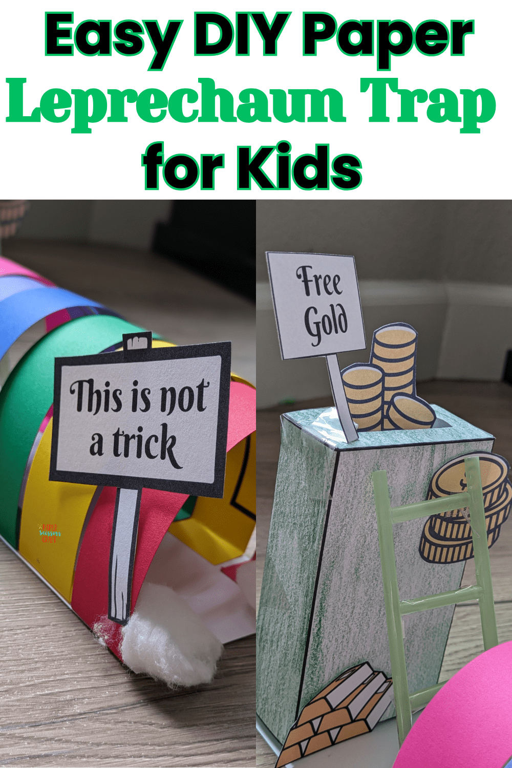 Easy DIY paper leprechaun trap for kids Pinterest pin.